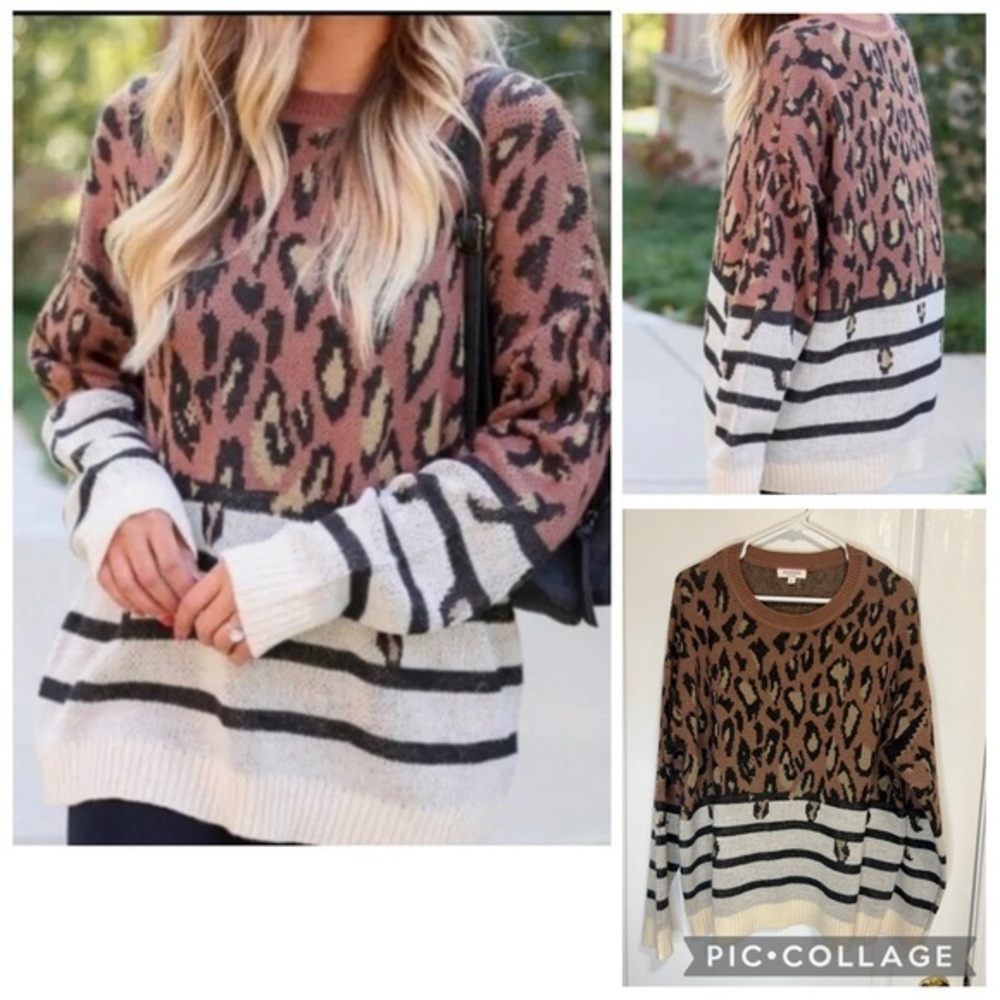 Andree Women's Leopard and Stripe Print Crew Neck Sweater Size L